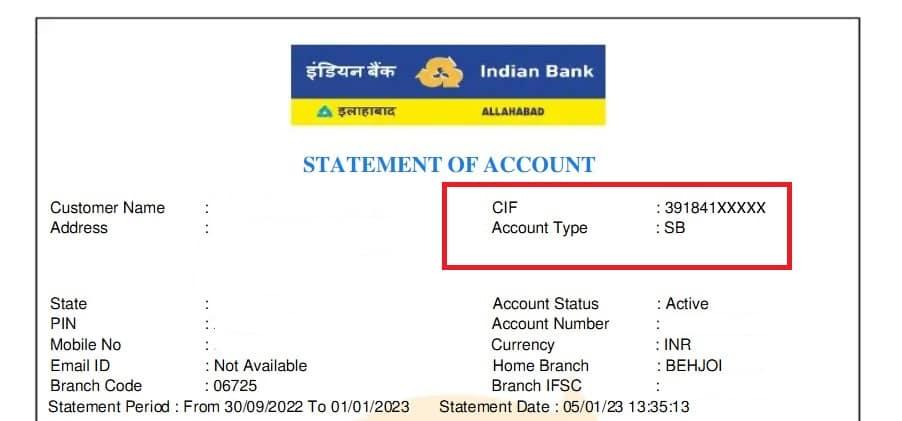 Get CIF by passbook Indian bank