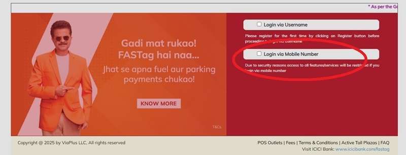 Login via Mobile number to get customer ID of ICICI Fastag