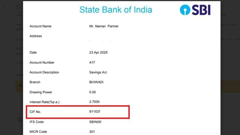 SBI CIF No in YONO App