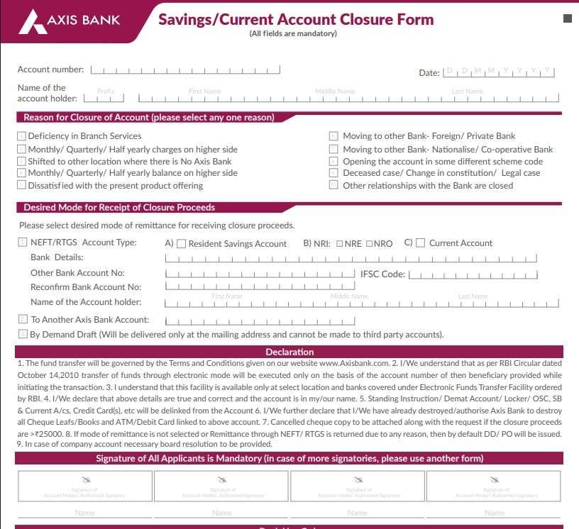 Savings & Current Account Closure form PDF download
