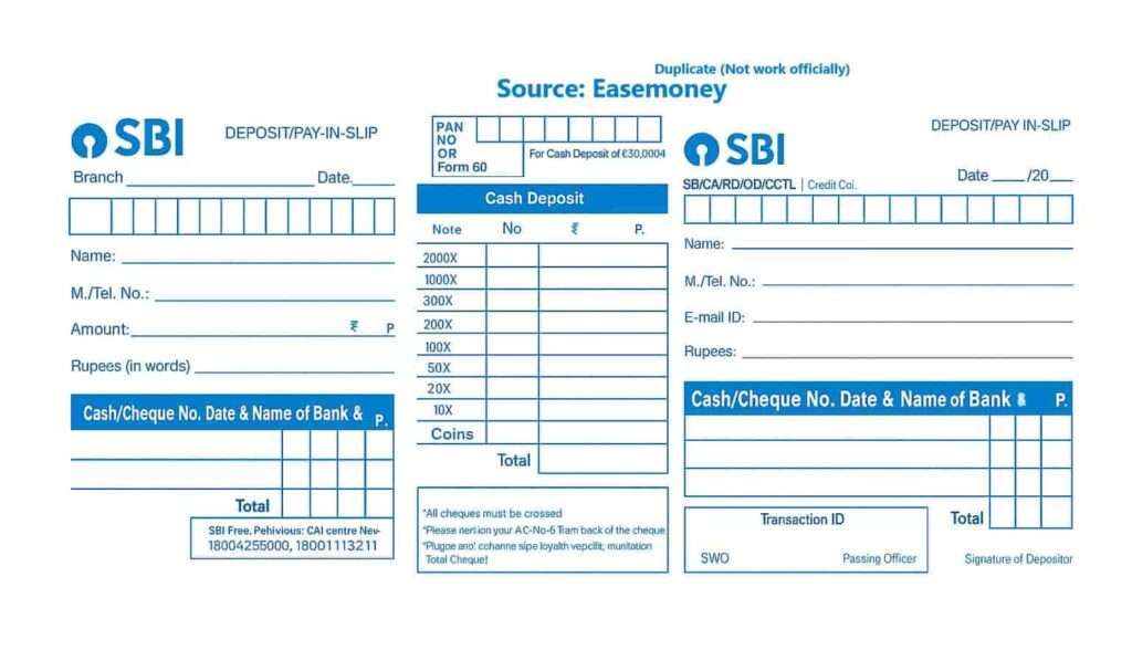 SBI Deposit slip for cash deposit original