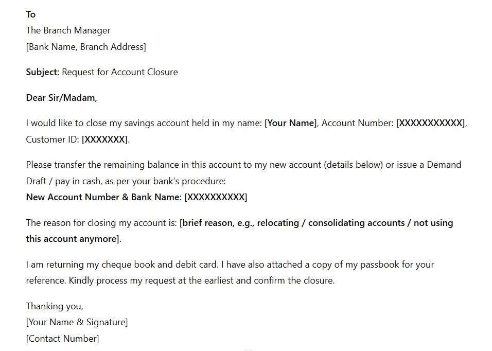 bank account closing letter india in english
