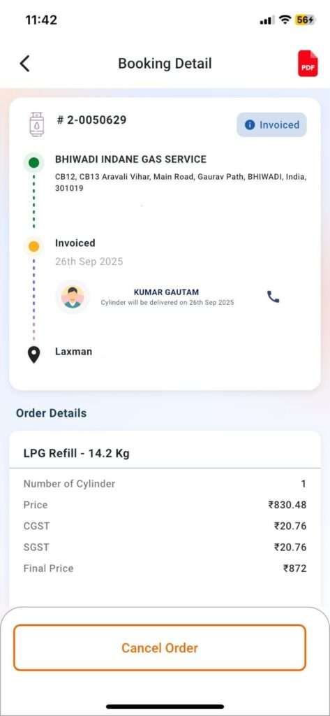 Cancel LPG booking request using Indane One Gas App