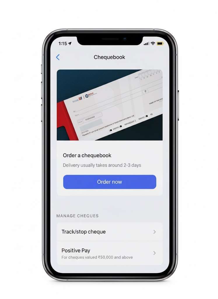 screenshot for cheque book request Kotak