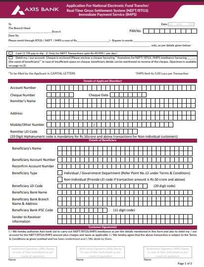 Axis Bank RTGS form english fill up infographic