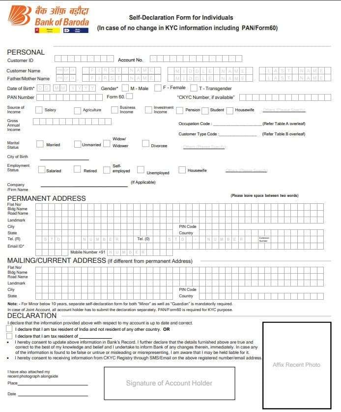 BOB KYC Form (In case of no change in KYC information)