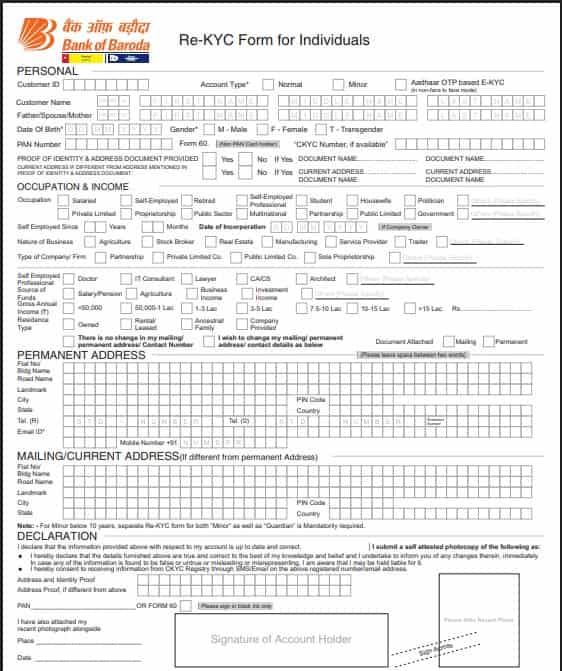 Re KYC form for individuals of Bank of Baroda