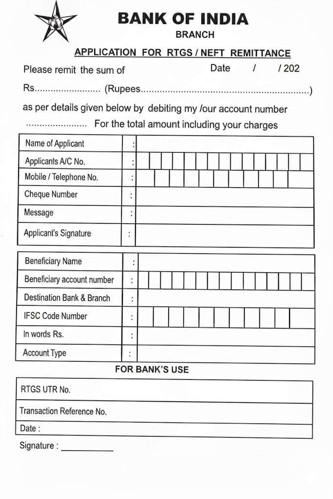 BAN OF INDIA APPLICATION RTGS or NEFT 