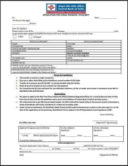 Central Bank of India RTGS Form