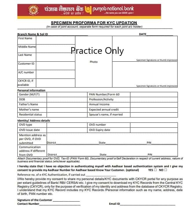 PNB KYC form PDF Latest Screenshot
