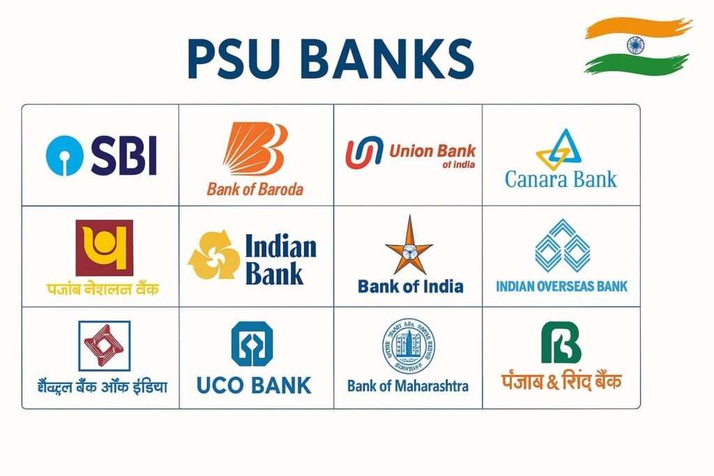 Logos of India’s major PSU banks — SBI, Canara Bank, PNB, Bank of Baroda, and others — on white background with Indian flag accent, representing PSU banking sector growth.