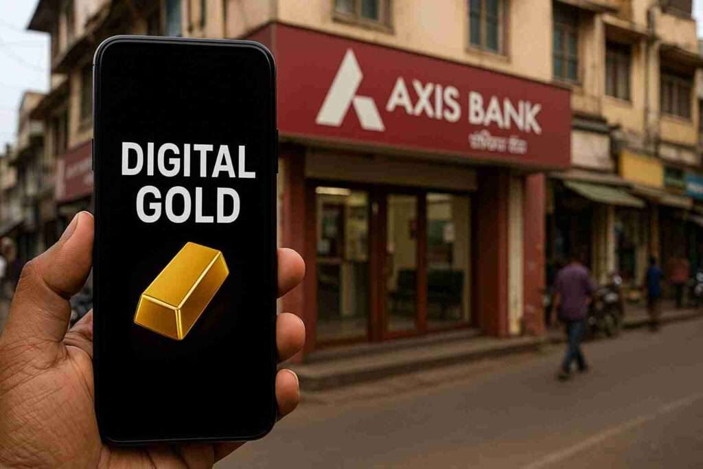 Axis Bank branch with mobile showing digital gold