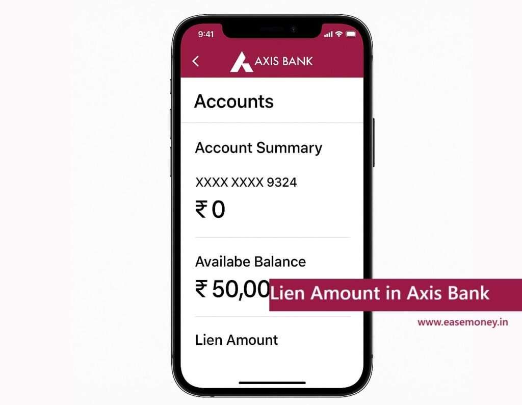 Axis Bank mobile app screen on an iPhone showing account balance and lien amount section with white background.