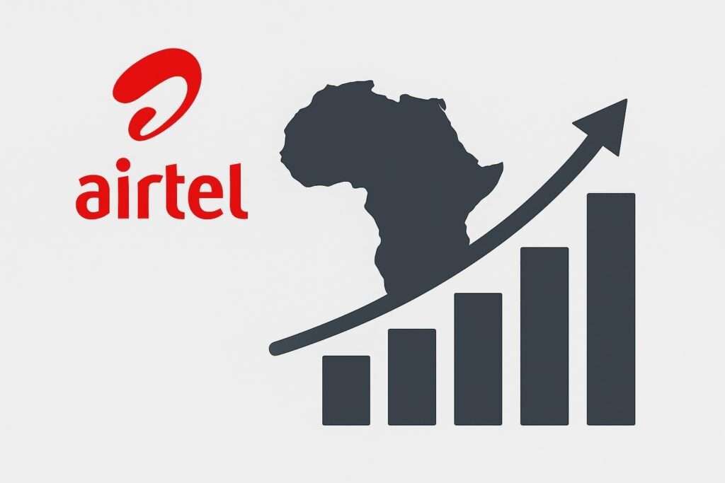 Bharti Airtel growth illustration showing rising trend with Airtel logo, Indian and African map elements, symbolizing expanding telecom success