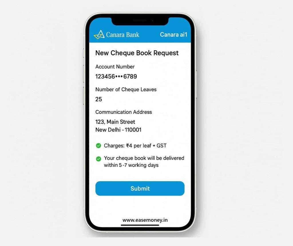 Canara Bank ai1 app cheque book request iPhone screen