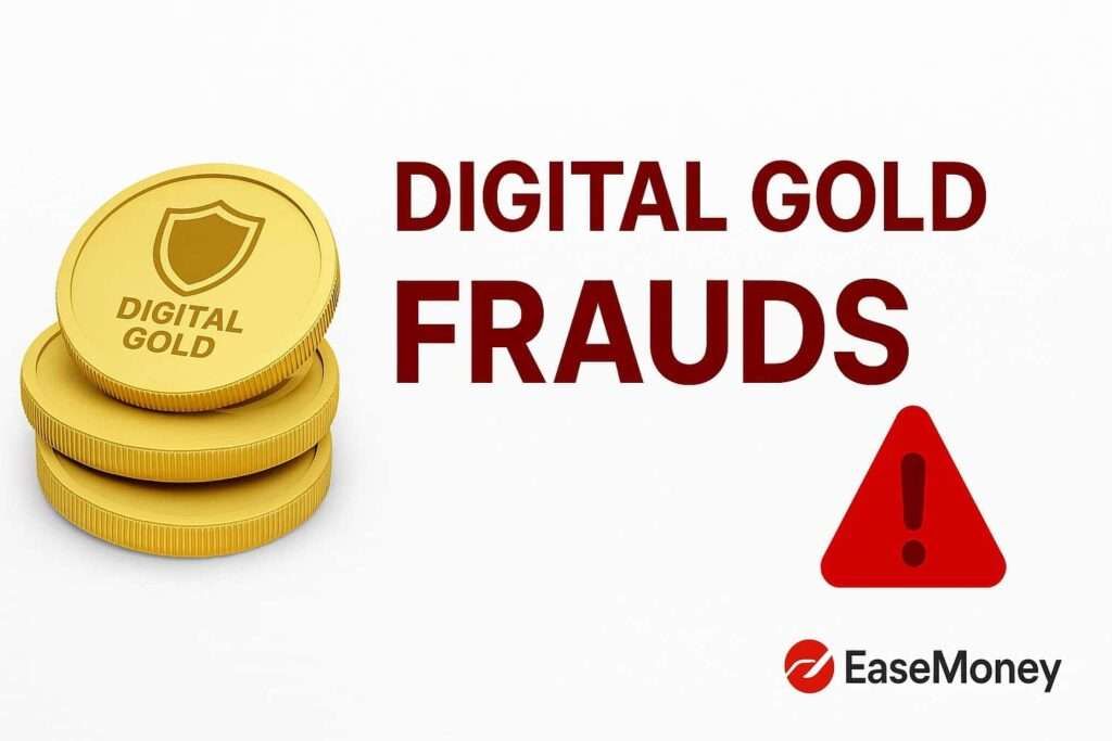 Digital gold fraud alert image showing gold coins, red warning sign, and EaseMoney logo symbolizing SEBI's caution on unregulated gold apps.