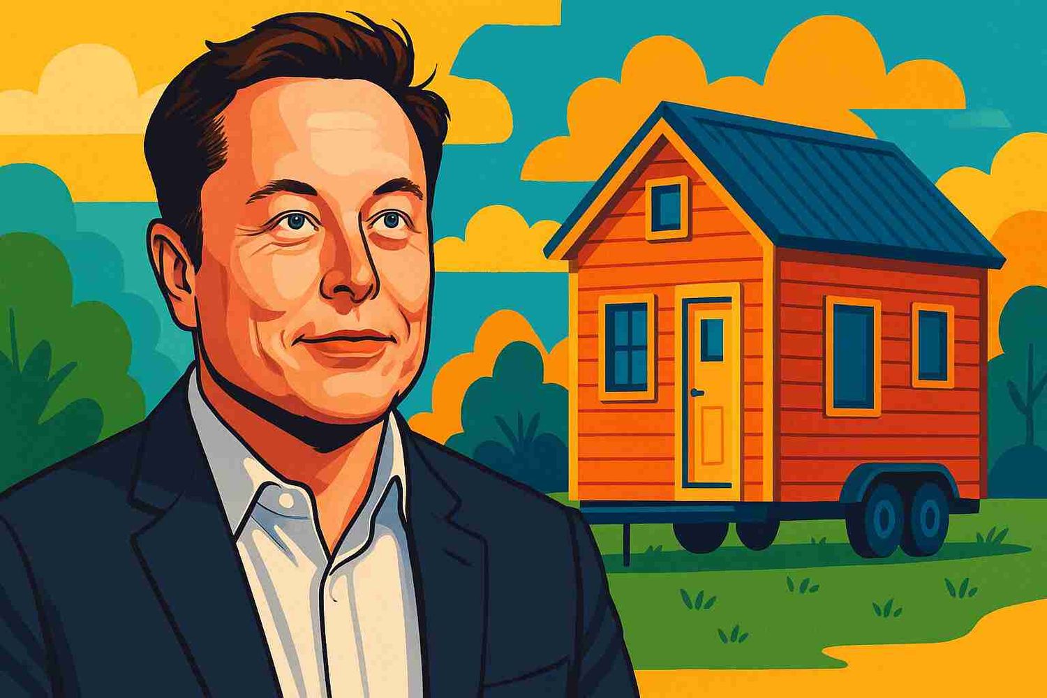 Elon Musk standing beside a tiny $50,000 home highlighting his $470 billion net worth and simple lifestyle
