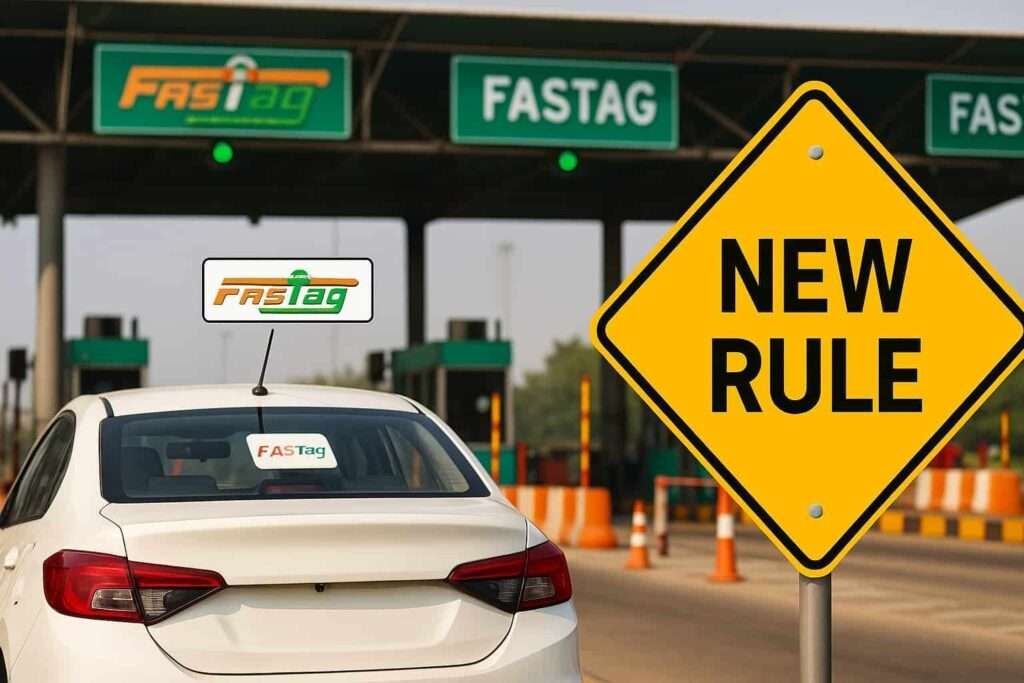 Car at Indian toll plaza with FASTag and new rule sign