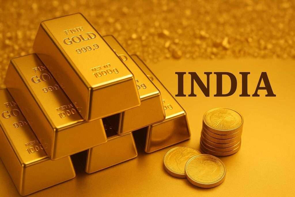 Gold bars and gold coins on a golden background representing India gold price update
