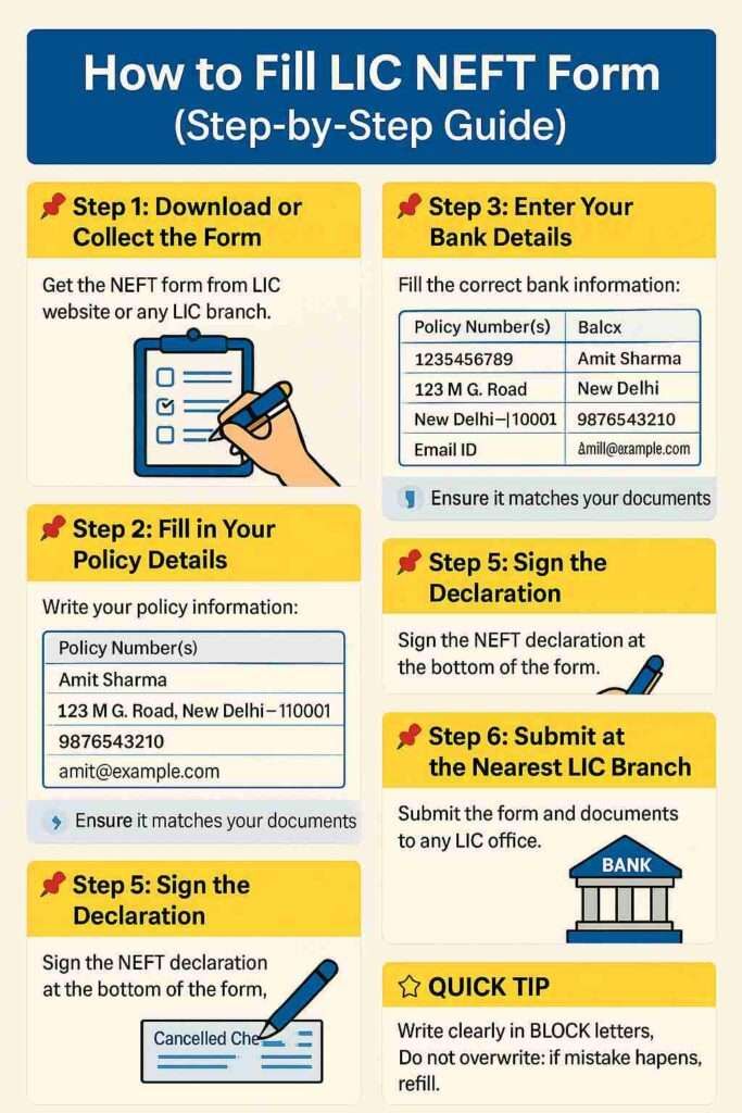 Infographic showing the step-by-step process to fill the LIC NEFT mandate form with examples and tips.