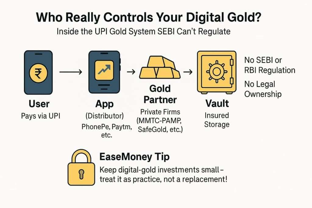 Infographic guide showing flow of digital gold — user, UPI app, SafeGold/MMTC-PAMP, private vault, no regulator