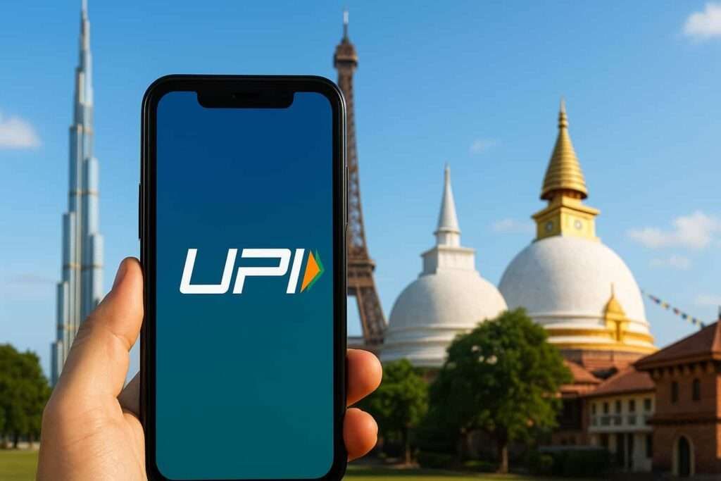 Smartphone displaying UPI logo with global landmarks like Burj Khalifa, Eiffel Tower and Sri Lankan stupas representing international UPI expansion.