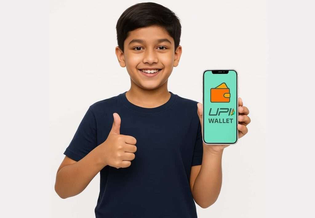 Smiling Indian kid holding iPhone showing UPI Wallet app after RBI approval for children payments