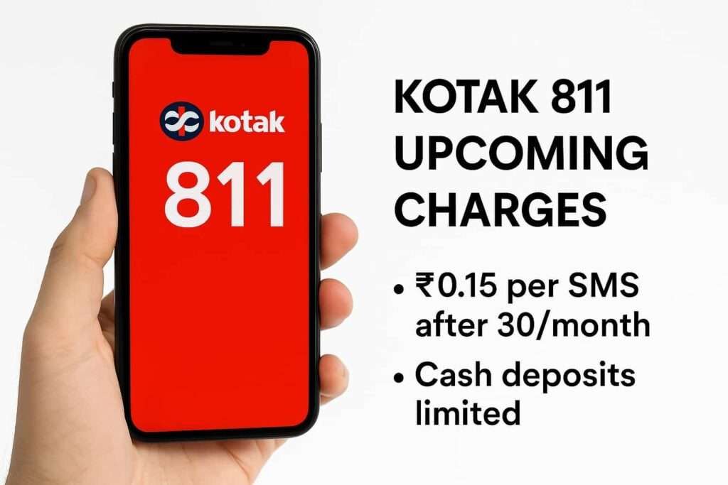Kotak 811 app on phone with new charges update banner