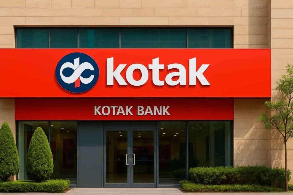 Front view of Kotak Bank branch with red signage for stock split news update