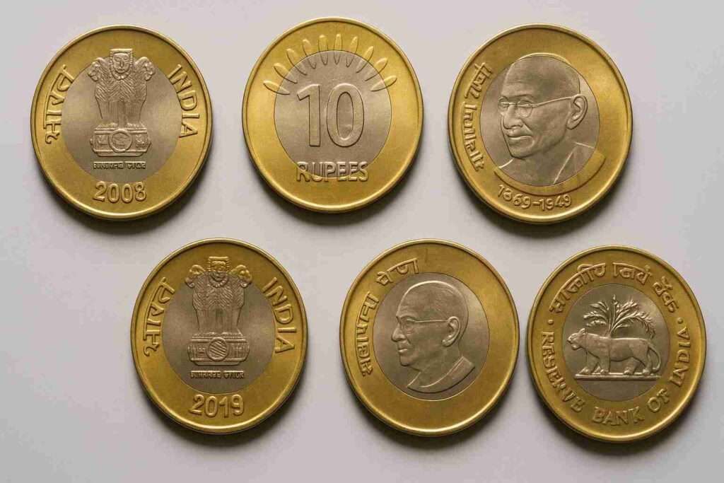 Multiple official RBI ₹10 coin designs displayed together to show all versions are valid legal tender.