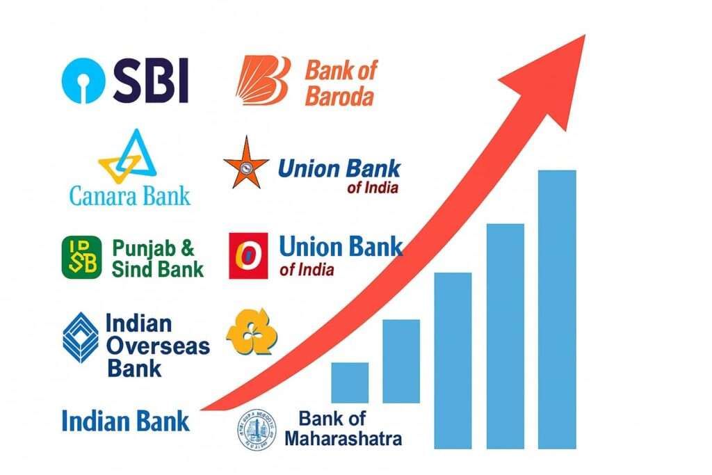 Logos of Indian PSU banks with rising arrow and bar chart showing profit growth