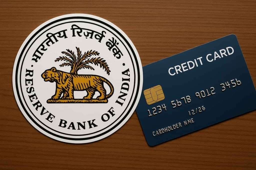 Reserve Bank of India (RBI) logo beside a blue credit card on a wooden surface, symbolizing RBI’s new 3-day grace rule for late credit card payments.