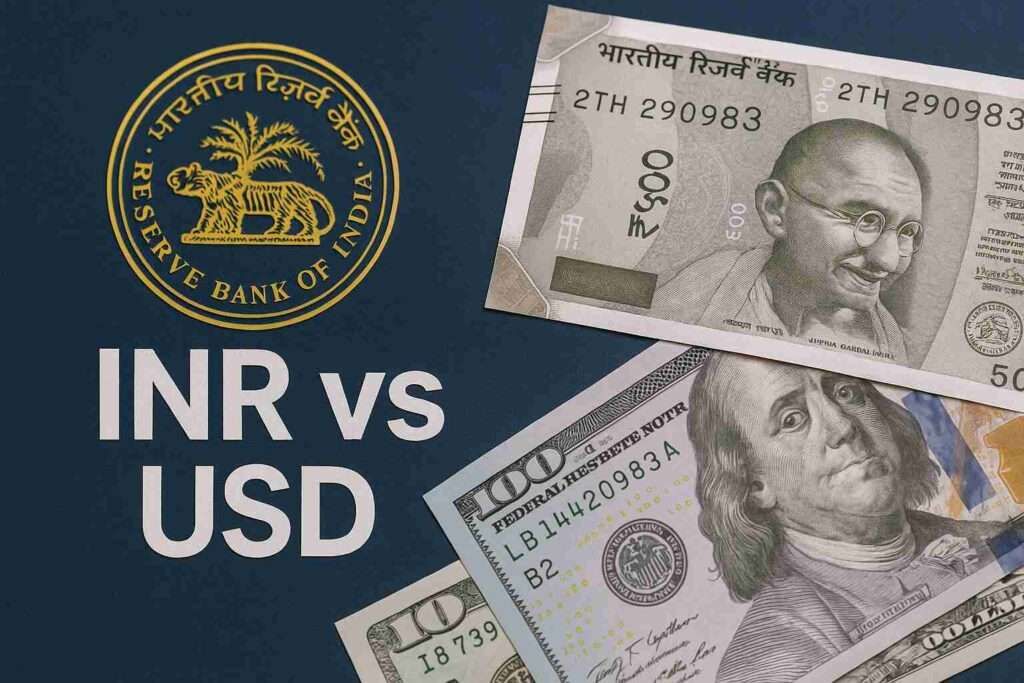 RBI emblem with Indian Rupee vs US Dollar currency