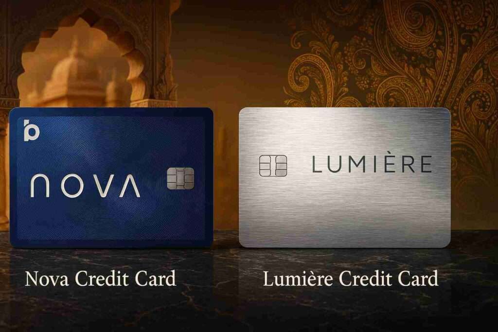 Nova and Lumière metal credit cards displayed in an Indian luxury theme background
