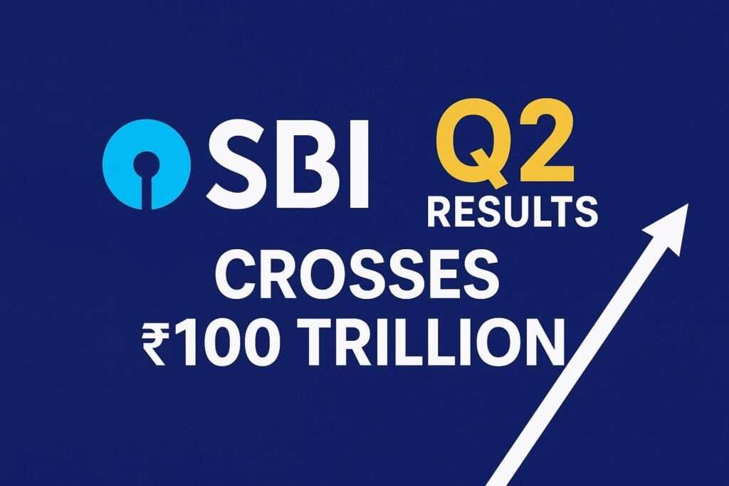 SBI Q2 results graphic showing ₹100 trillion milestone with growth arrow and SBI logo.