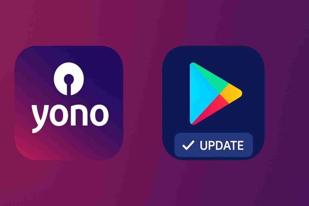 SBI YONO and Play Store update icons on purple background.