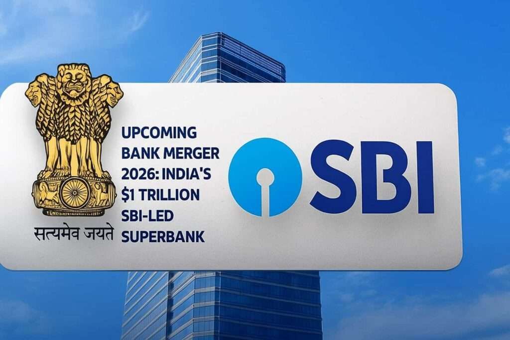 SBI logo with Indian government emblem and blue theme symbolizing India’s 2026 $1 trillion bank merger plan.