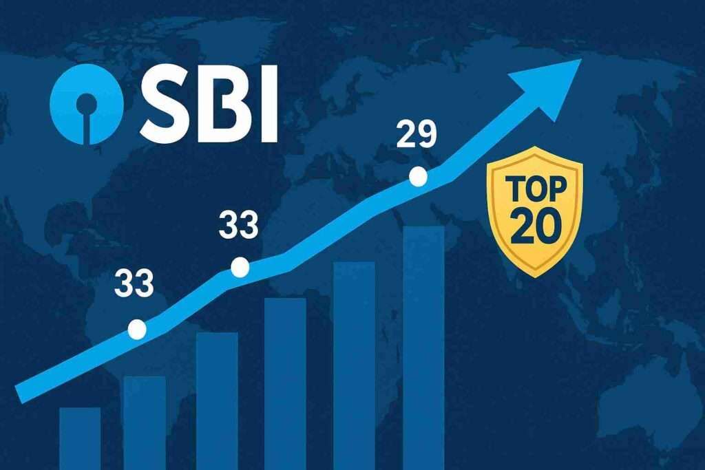 SBI growth chart showing rising global ranking from 33 to 29 with world map background and Top 20 target badge