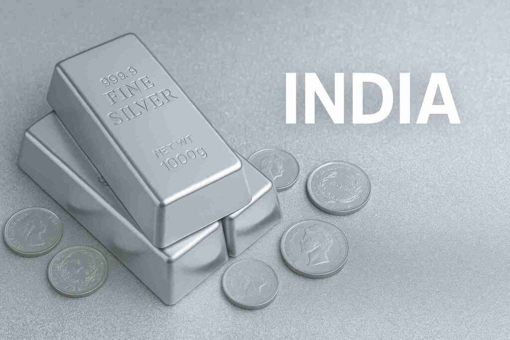 Silver bars and silver coins on a metallic background representing India silver price update