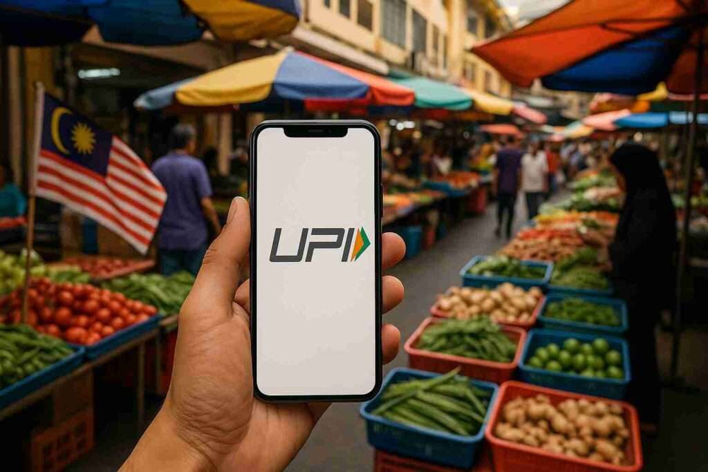 Hand holding a smartphone with UPI logo in a Malaysian street market with vendors and a Malaysia flag in the background