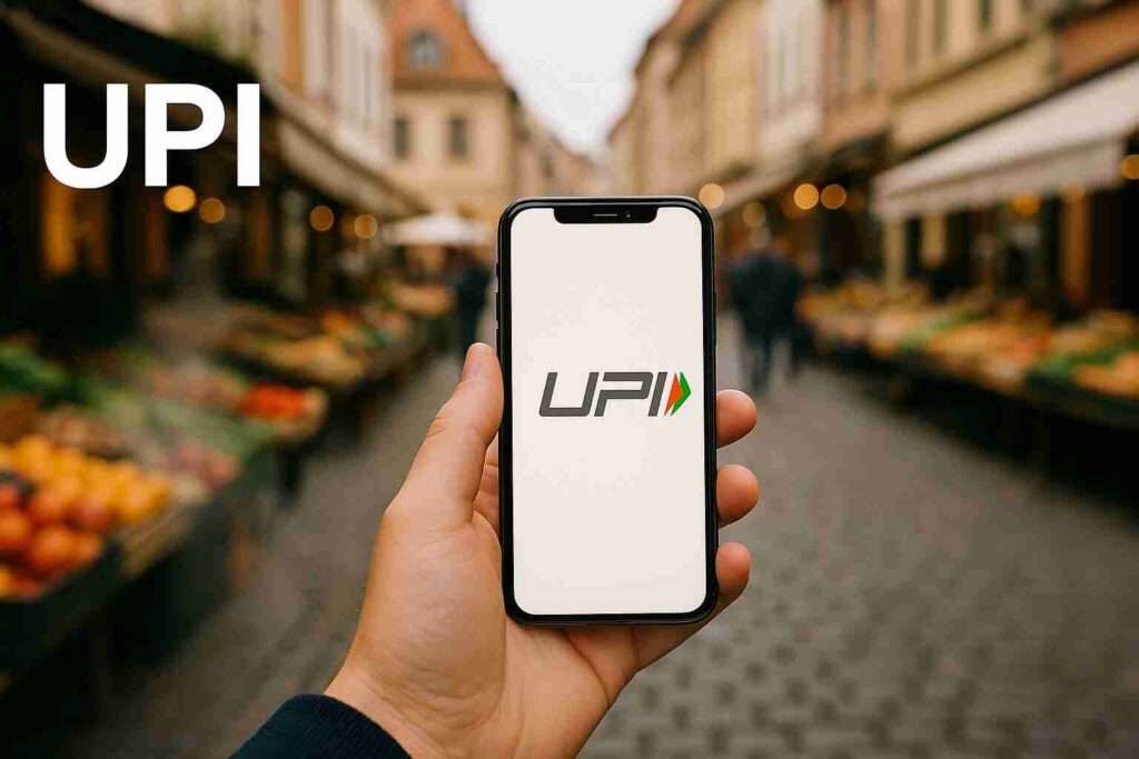 UPI app on iPhone in a European market street