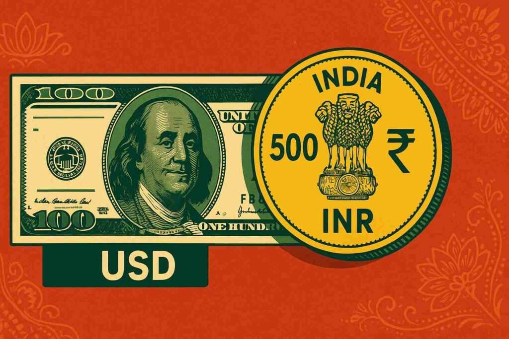 USD vs INR Indian currency on red background