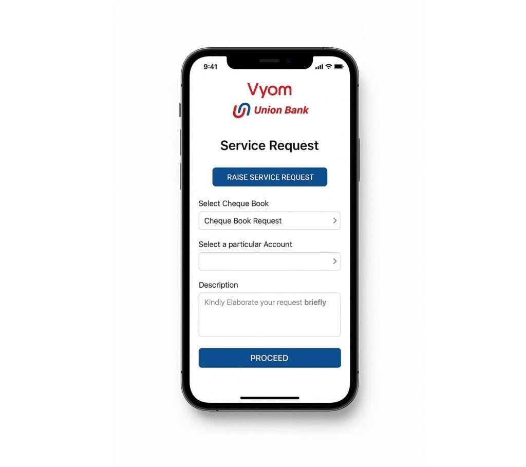 Vyom mobile app cheque book request screen on iPhone