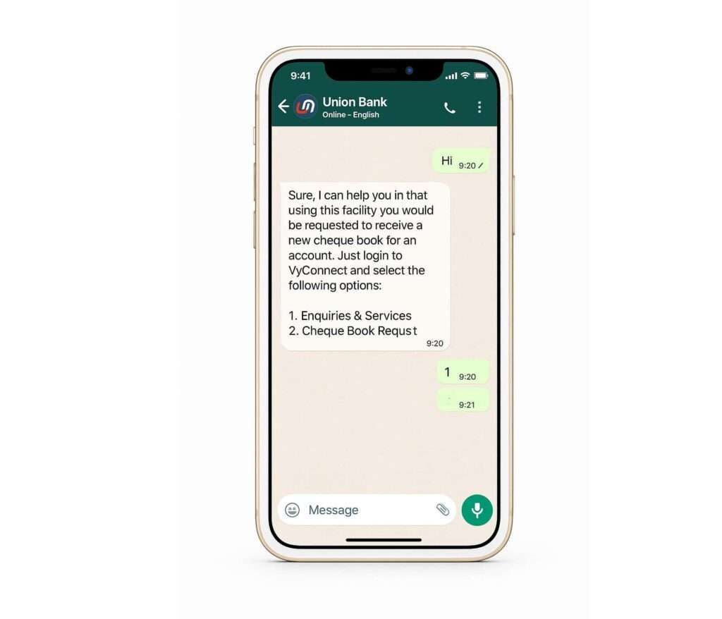 Union Bank WhatsApp chat for cheque book request on iPhone