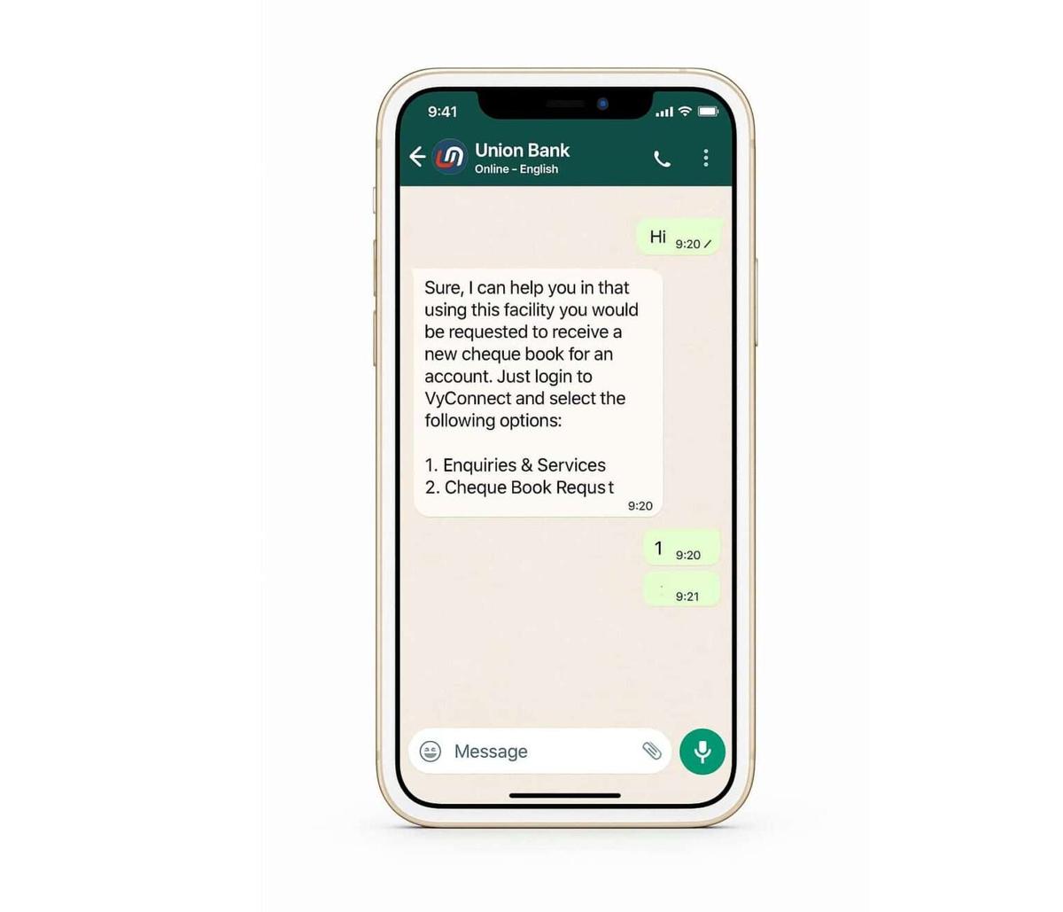 Union Bank WhatsApp Banking cheque book request conversation
