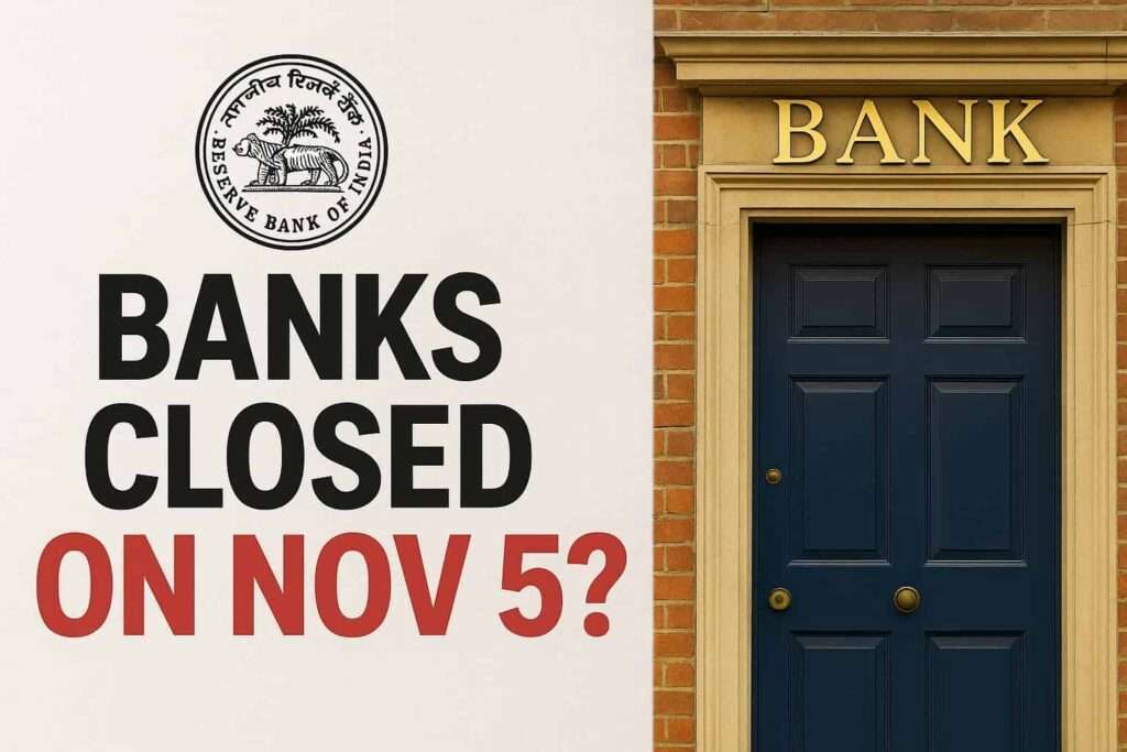 Bank entrance with RBI logo and ‘Banks Closed on Nov 5?’ headline