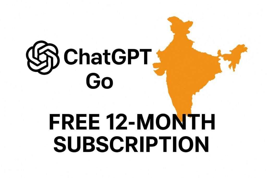 ChatGPT Go India launch promotional banner showing ChatGPT Go logo, orange India map, and text announcing free 12-month subscription on white background