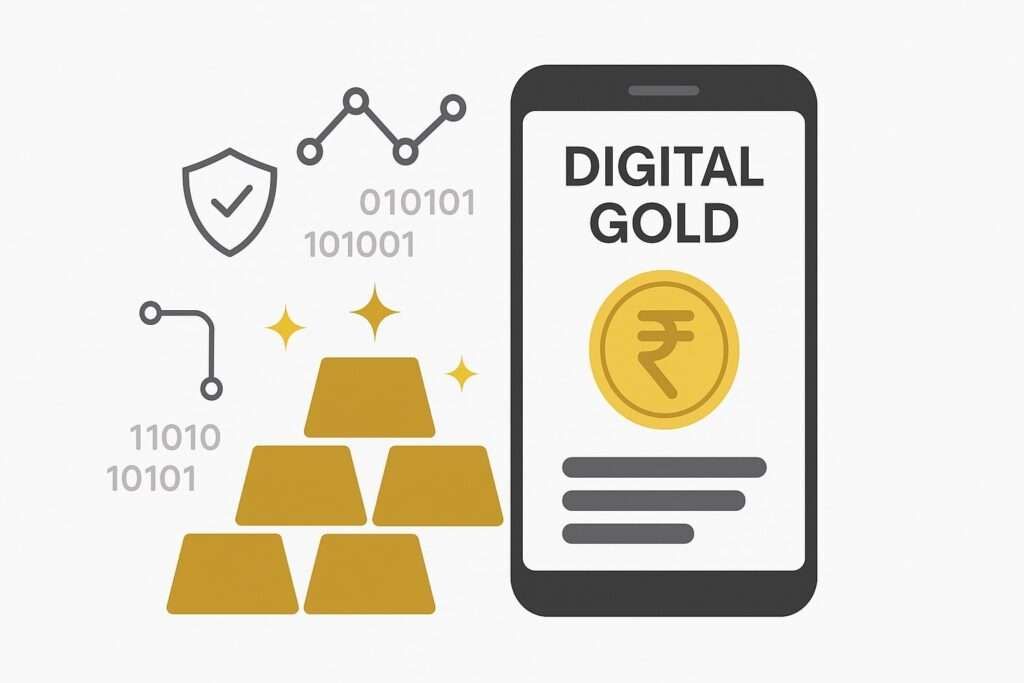 Illustration showing UPI gold system with apps, gold coins, and SEBI symbol on white background
