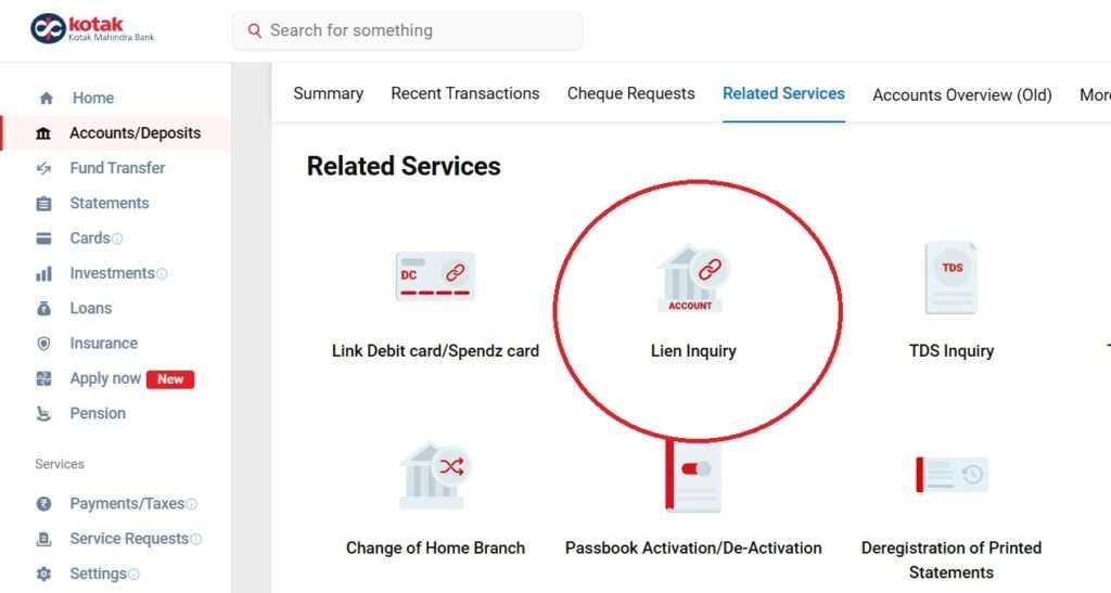 Lien inquiry screenshot in Kotak netbanking