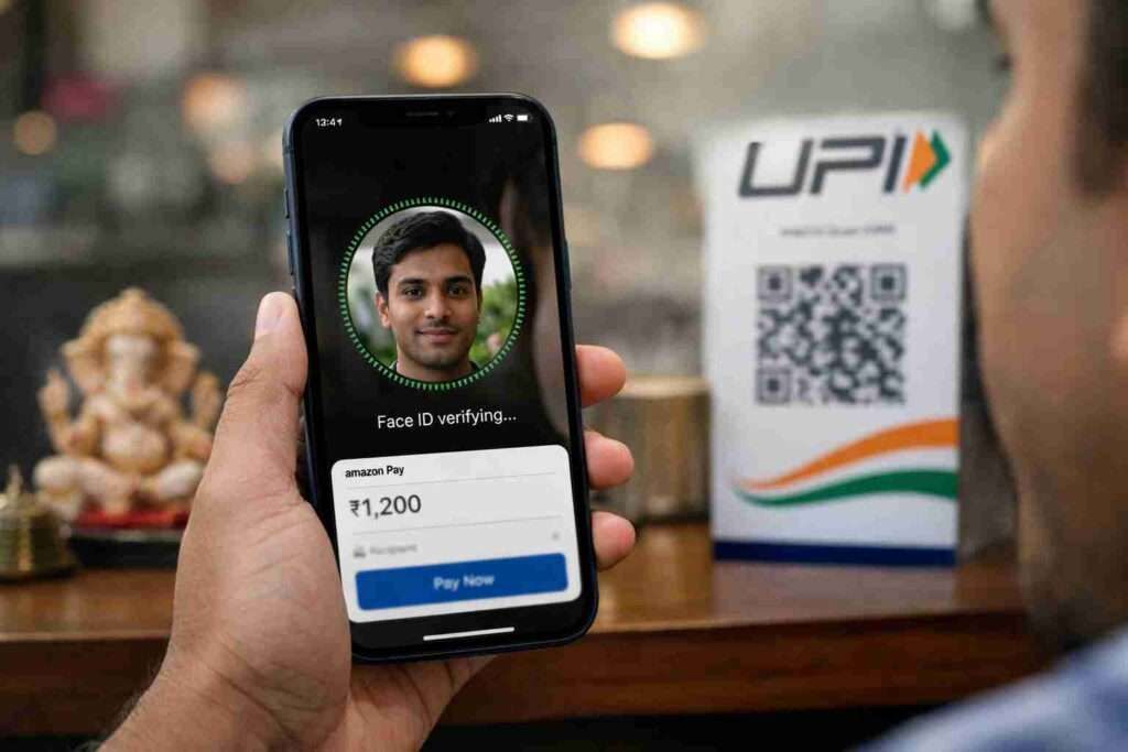 User making an Amazon Pay UPI payment using Face ID biometric authentication on smartphone